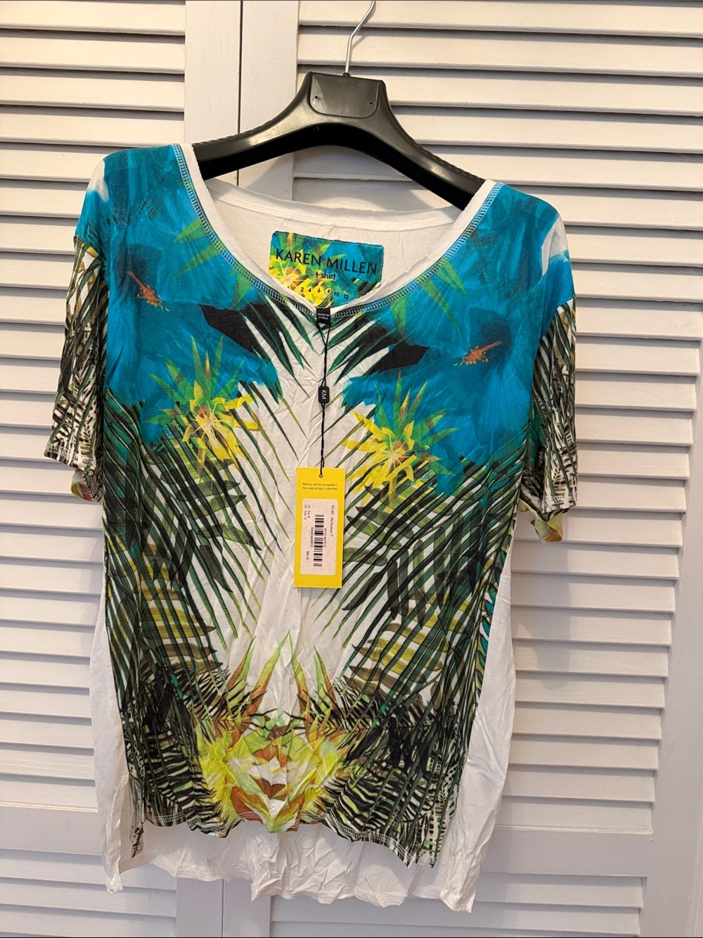 NWT Karen Millen Teal and Green Tropical Palm-Print Short Sleeve Top
